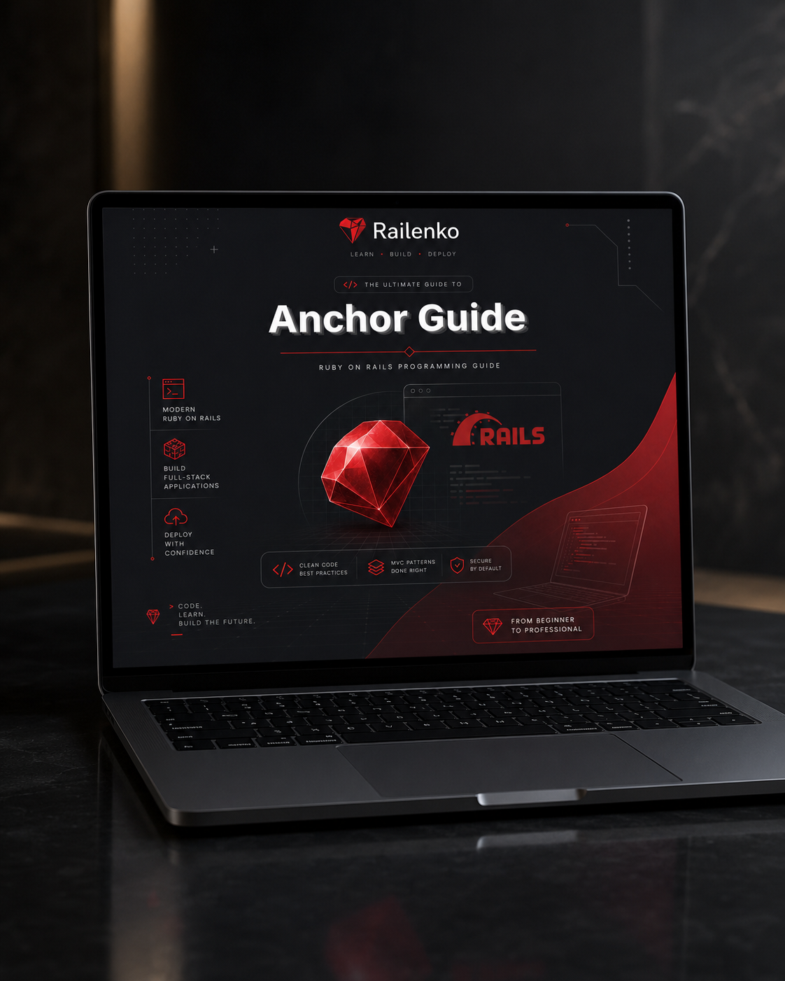 Laptop displaying a Rails programming guide on a dark surface