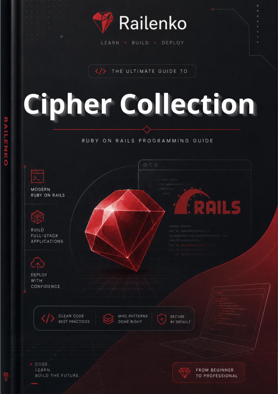 Book titled 'Cipher Collection' by Railenko with a red gemstone and laptop on a dark background