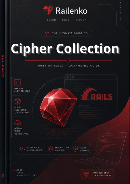 Book titled 'Cipher Collection' by Railenko with a red gemstone and laptop on a dark background