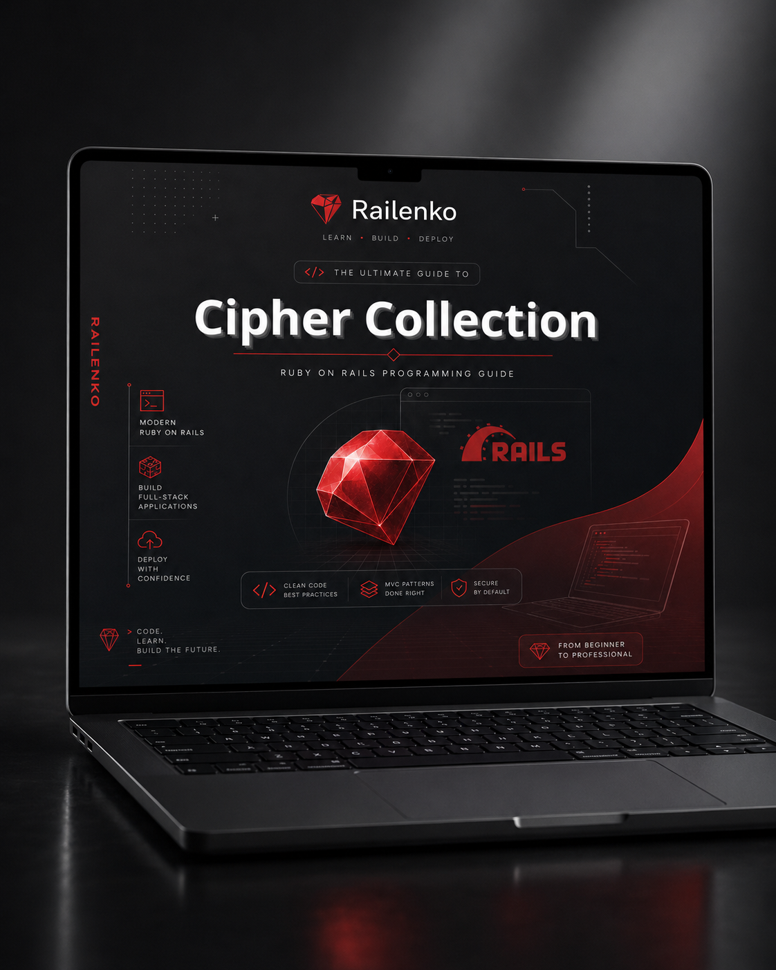 Laptop displaying a Railenko Cipher Collection guide on a dark background