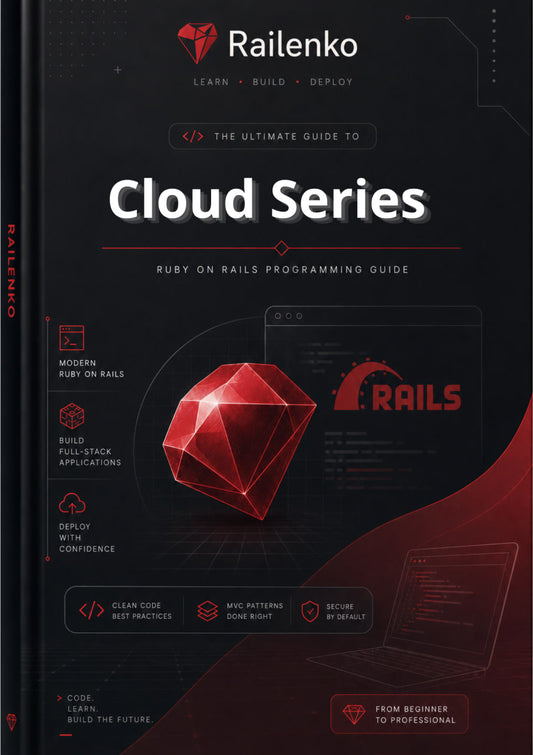 Book cover of 'The Ultimate Guide to Cloud Series' by Railenko with a red gemstone and laptop design.