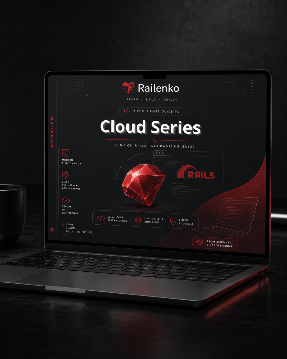 Laptop displaying a Railenko Cloud Series guide on a dark background