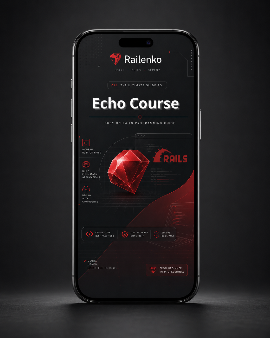 Phone displaying a Railenko Echo Course app interface on a dark background