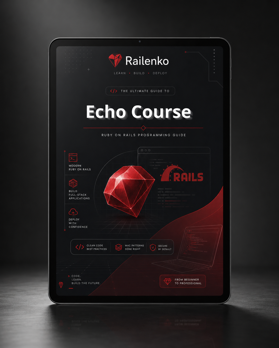 Digital mockup of a 'Echo Course' book by Railenko on a dark background