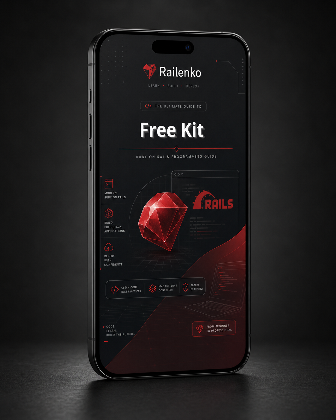 Phone displaying a Railenko free kit guide on a dark background