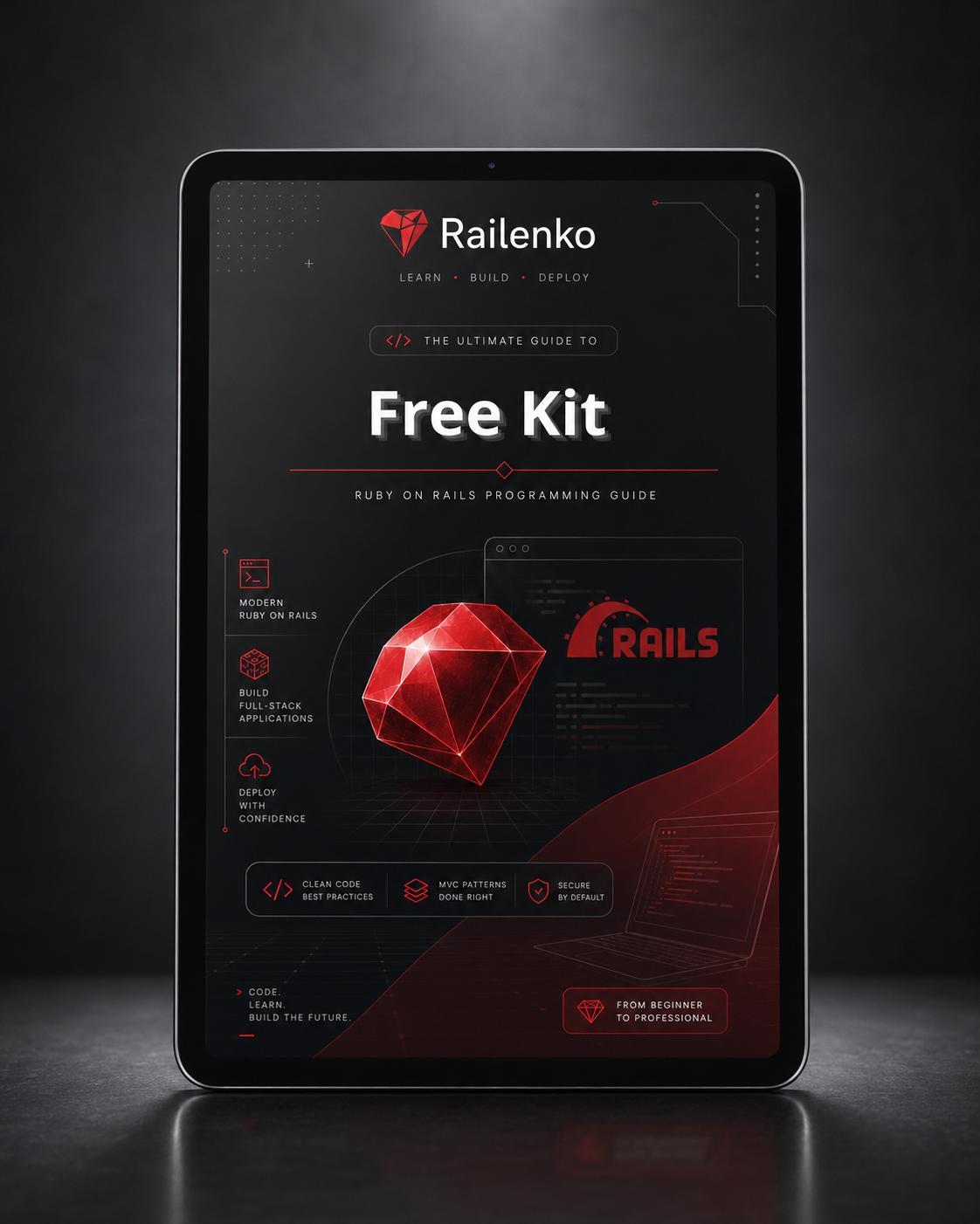 Digital tablet displaying a Railenko free kit guide on a dark background
