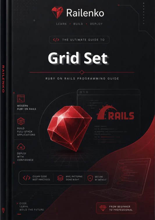 Book cover of 'The Ultimate Guide to Grid Set' by Railenko with a red gem and laptop design on a dark background.