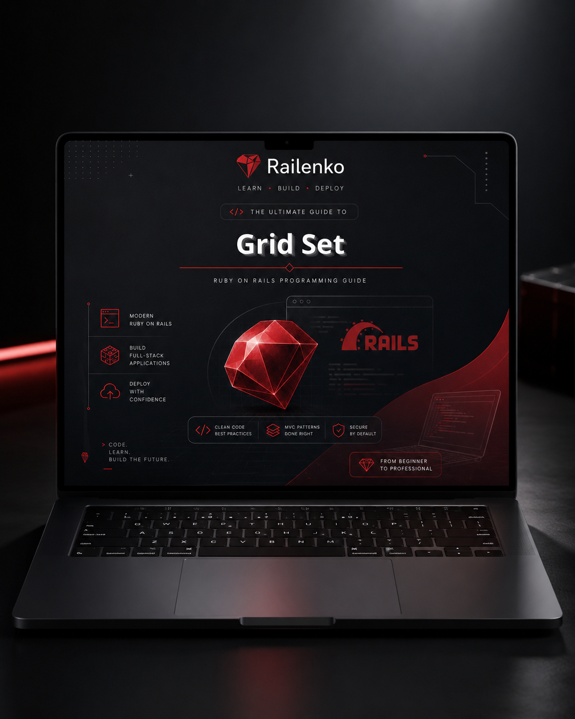 Laptop displaying a Railenko grid set guide on a dark background