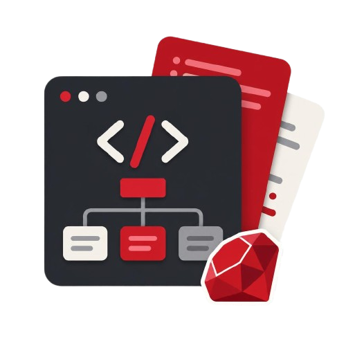 Programming interface with code symbols and a red gemstone on a white background