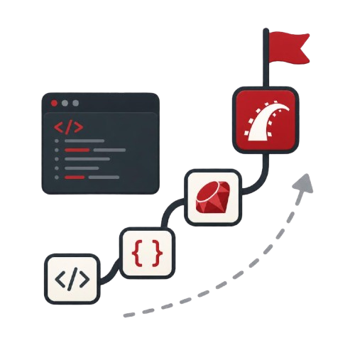 Illustration of a software development process with code blocks, a red flag, and a speedometer icon on a white background.