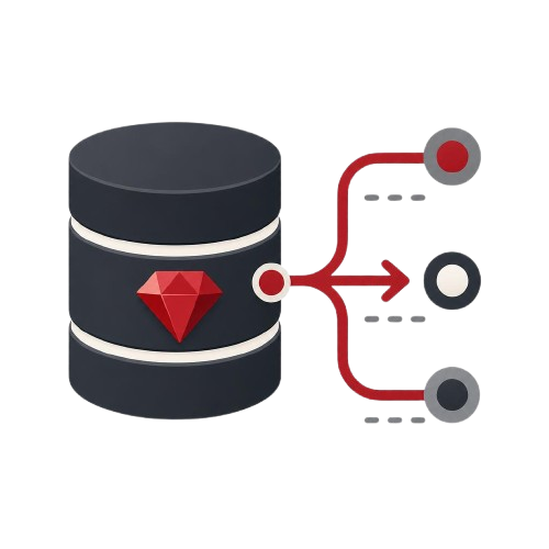 Database icon with a red gemstone and connected arrows on a white background