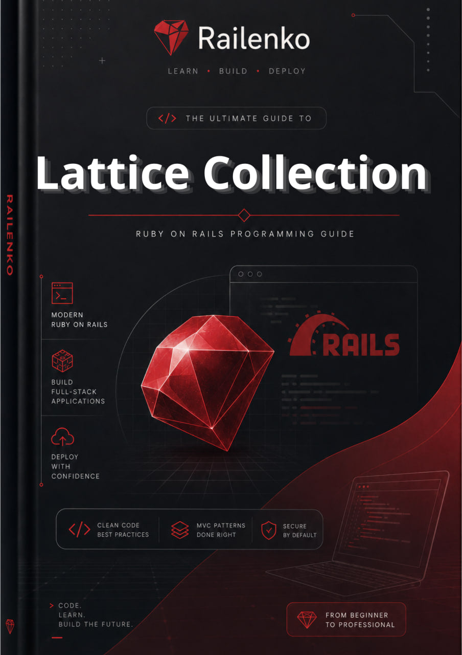 Book cover of 'Lattice Collection' by Railenko with a red gemstone and laptop design on a dark background.
