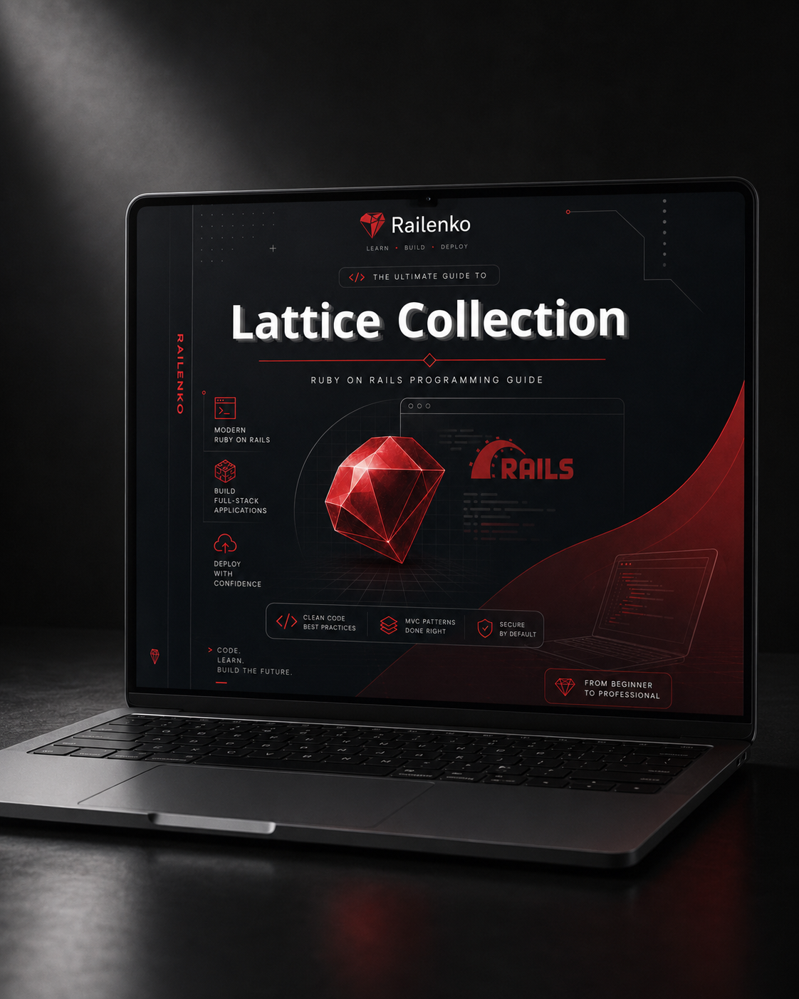 Laptop displaying a programming guide with Railkeno branding on a dark background