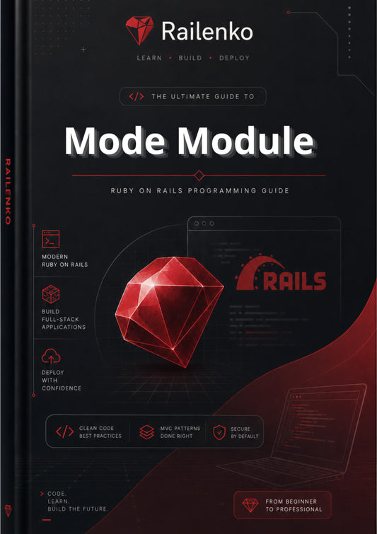 Book cover of 'The Ultimate Guide to Mode Module' by Railenko with a red gem and laptop design on a dark background.