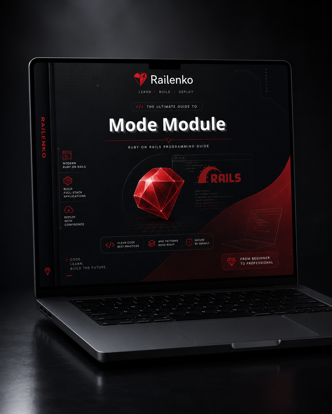 Laptop displaying a Railenko Mode Module guide on a dark background