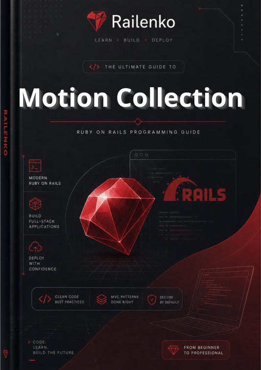 Book cover of 'The Ultimate Guide to Motion Collection' by Railenko with a red gemstone and laptop design.