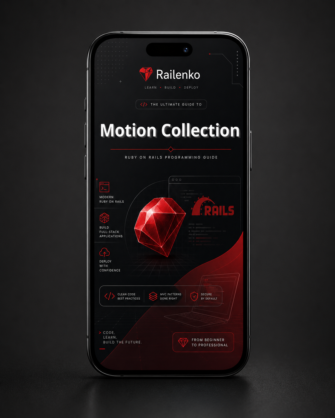 Phone displaying a Railenko motion collection guide on a dark background