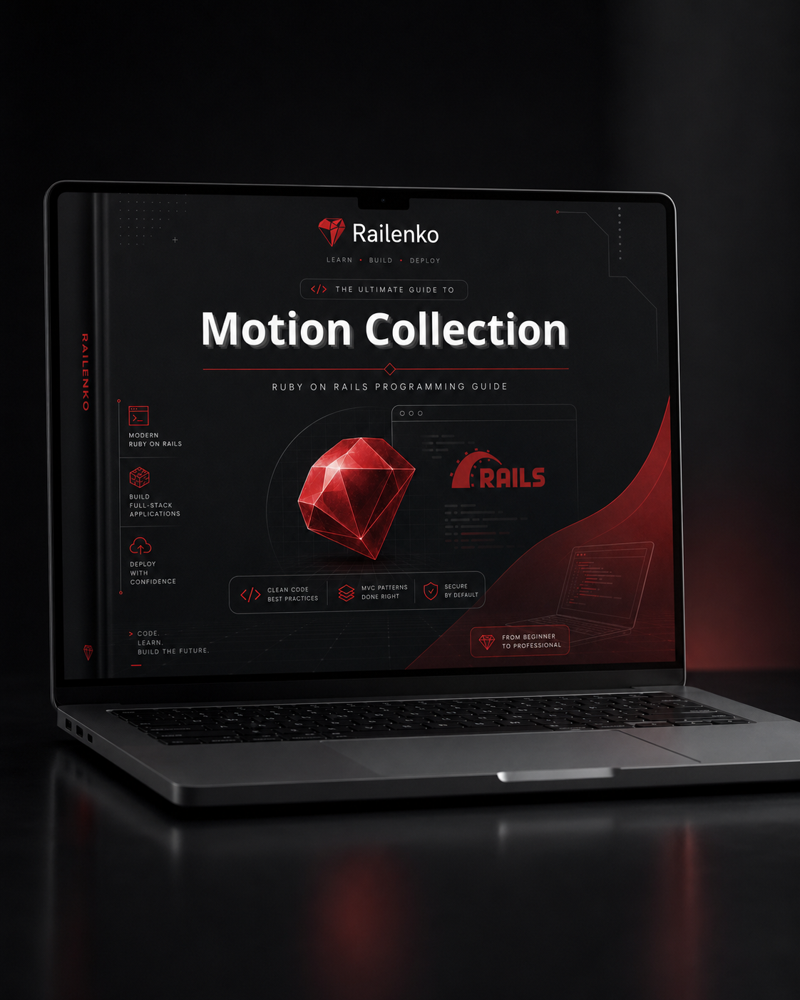 Laptop displaying a 'Motion Collection' guide with Railkeno branding on a dark background