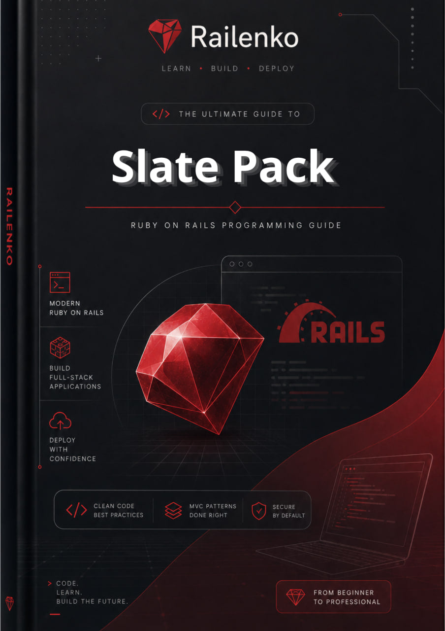 Book cover of 'The Ultimate Guide to Slate Pack' by Railenko with a red gemstone and laptop design on a dark background.