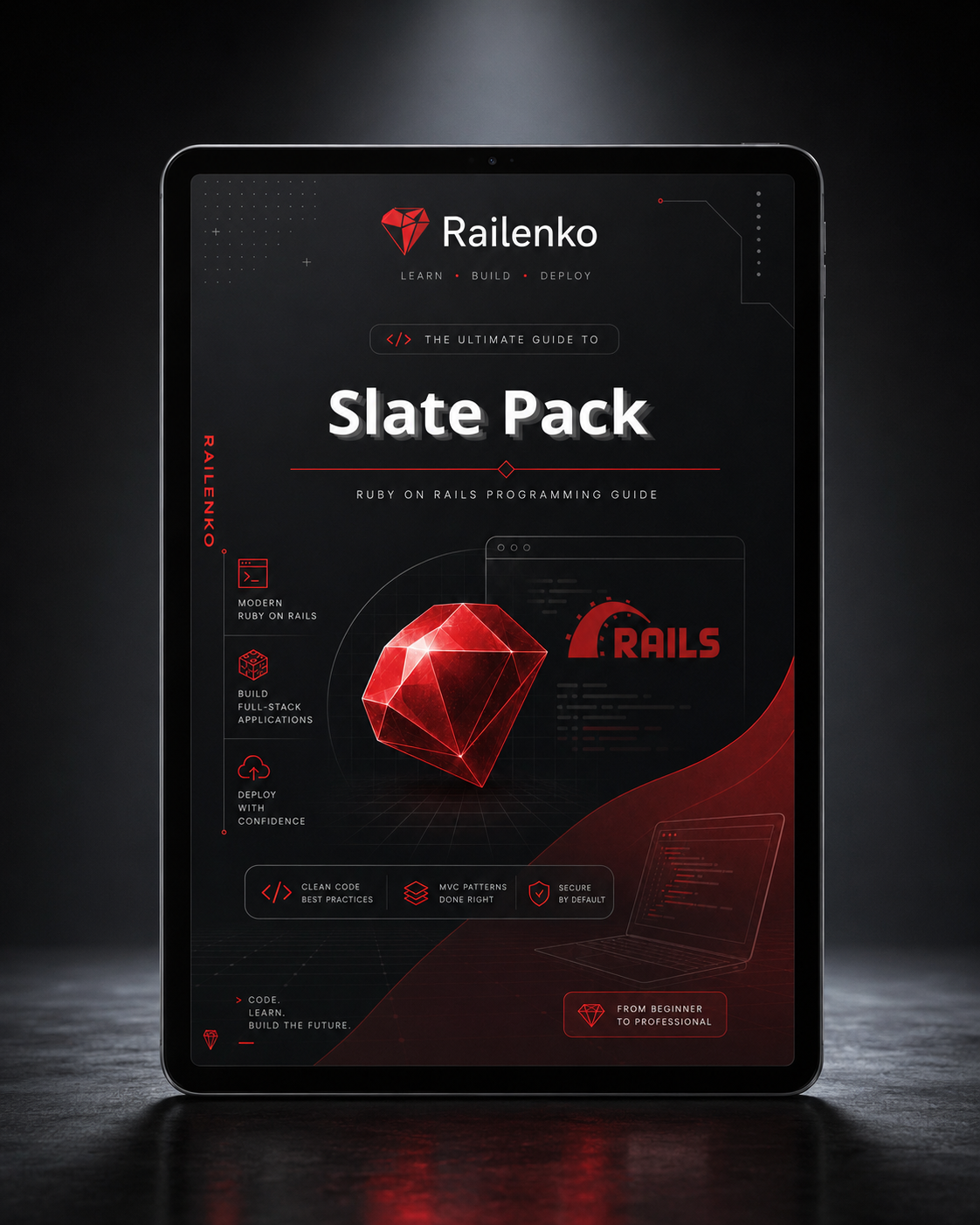 Digital tablet displaying a guide titled 'Slate Pack' by Railenko on a dark background