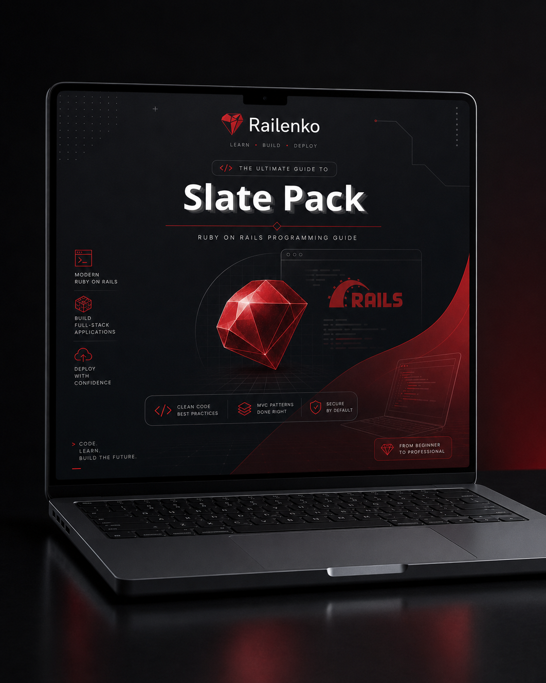 Laptop displaying a software package named 'Slate Pack' by Railenko on a dark background.