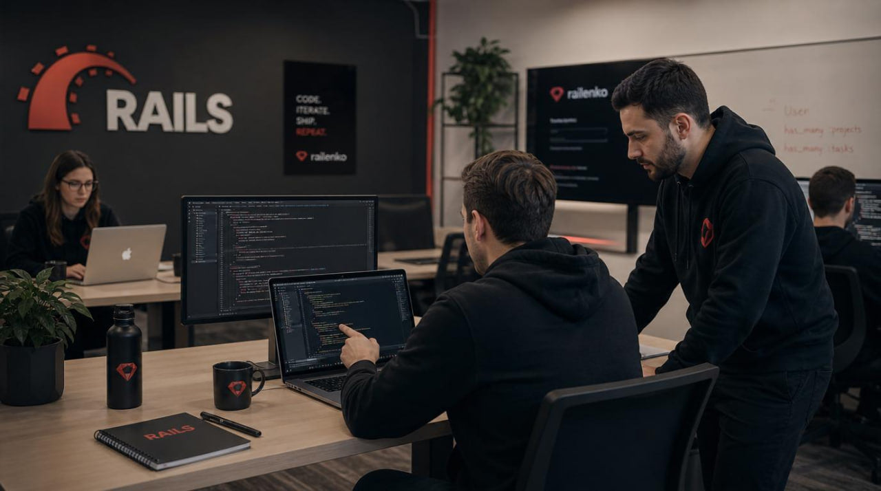 Two individuals working on laptops at a desk with a Rails logo in the background